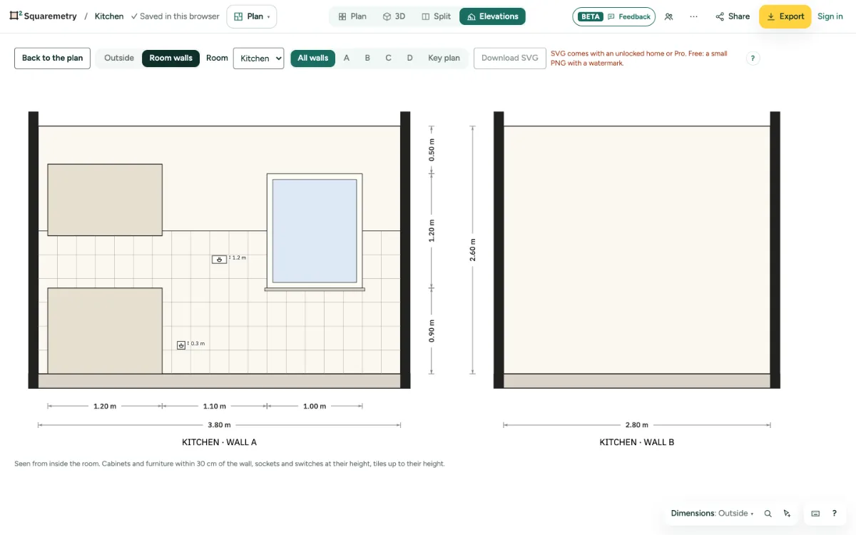 The four walls of the kitchen seen from inside, with cabinets, tiles, sockets and sizes, and the key plan.
