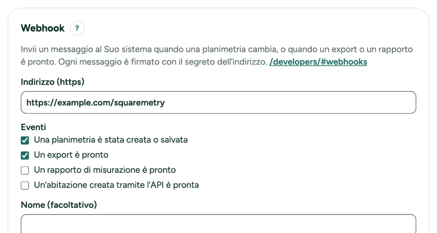 Impostazioni, API, con Webhook: l’indirizzo, gli eventi e l’elenco.