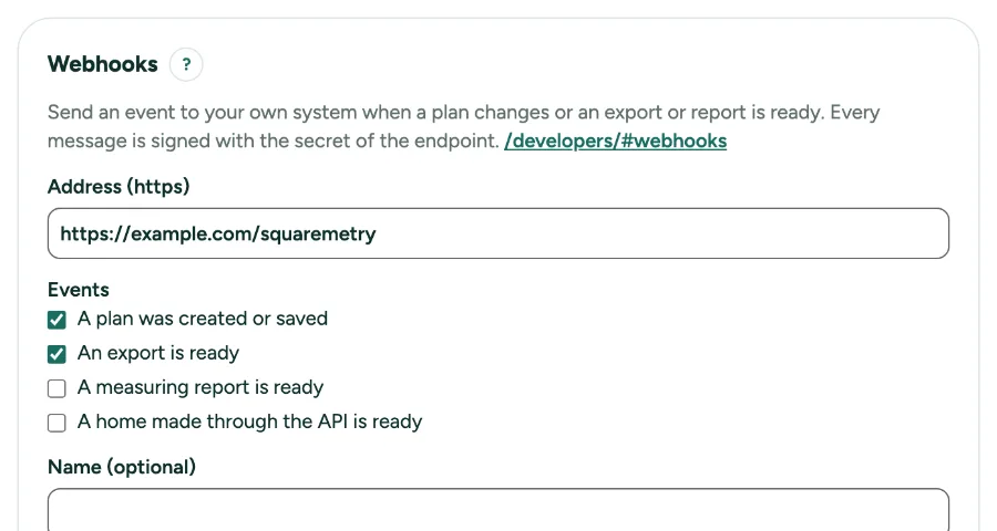 Settings, API, with Webhooks: the address, the events and the list.