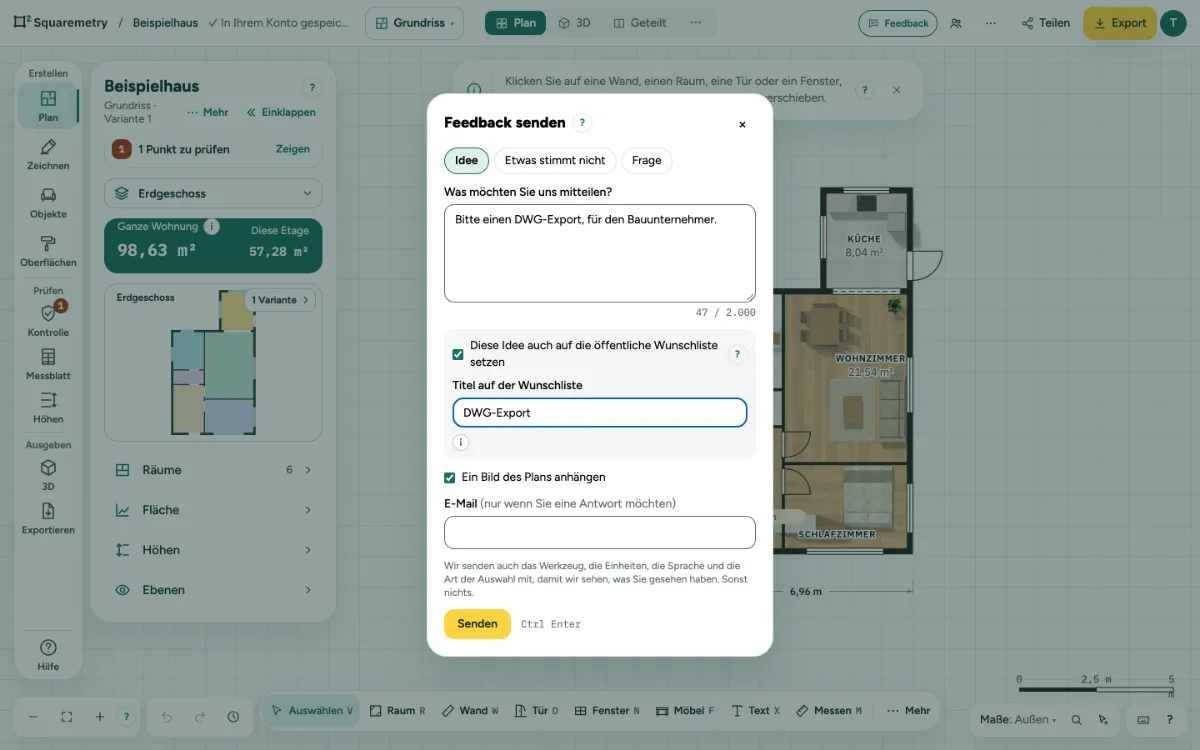 Das Fenster Feedback senden mit gewählter Idee, angehakt Diese Idee auch auf die öffentliche Wunschliste setzen, und einem Titel für die Wunschliste.