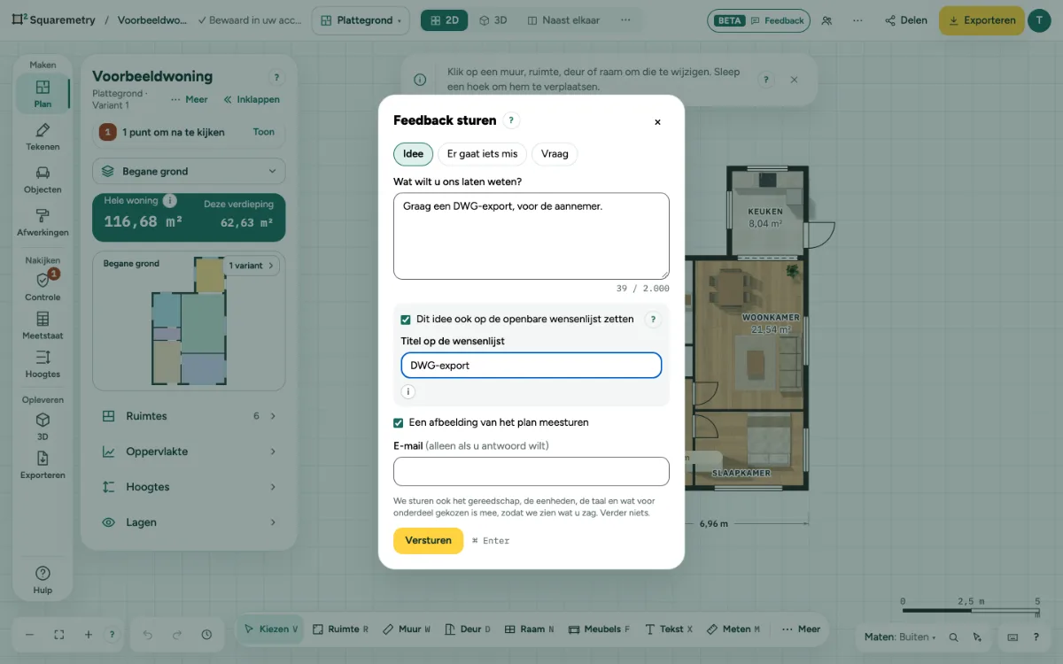 Het venster Feedback sturen met Idee gekozen en Dit idee ook op de openbare wensenlijst zetten aangevinkt, met een titel voor de wensenlijst.