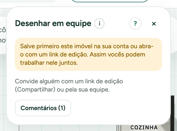 A janela Em equipe com o seu nome, Desenhar em equipe e Comentários.