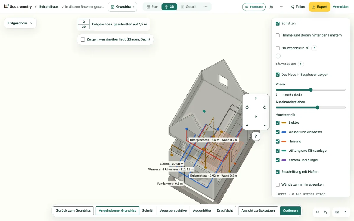 Das Beispielhaus in 3D in der Phase Haustechnik, auseinandergezogen, mit Leitungen und Kabeln in ihren Farben und den Röntgen-Optionen rechts.