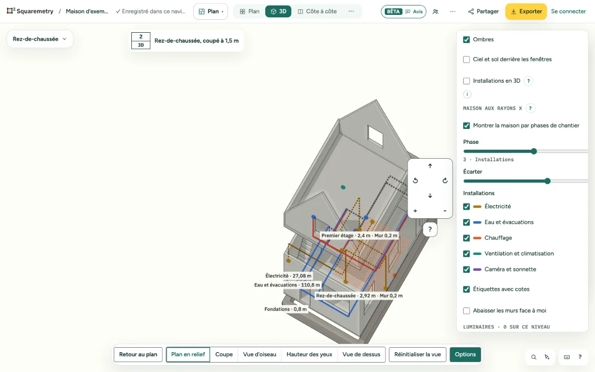 La maison d’exemple en 3D à la phase Installations, écartée, avec les réseaux et les câbles dans leurs couleurs et les options des rayons X à droite.