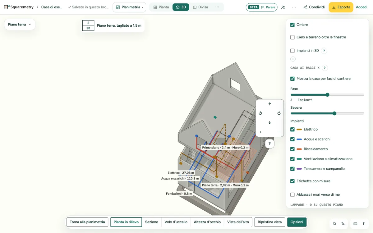 La casa di esempio in 3D nella fase Impianti, separata, con tubazioni e cavi nei loro colori e le opzioni dei raggi X a destra.