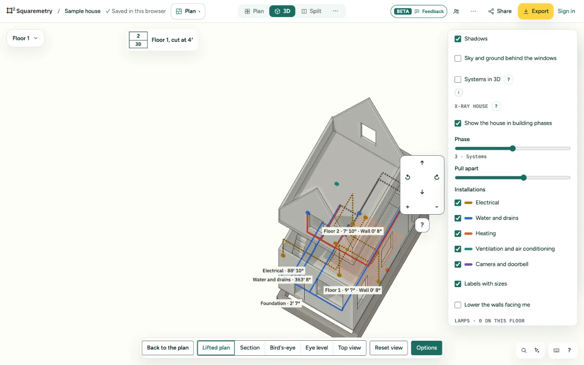 The sample house in 3D in the Systems phase, pulled apart, with pipes and cables in their colours and the X-ray options on the right.