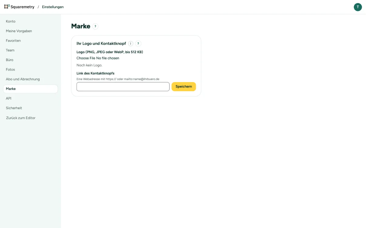 Einstellungen, Marke, mit Ihrem Logo und dem Link des Kontaktknopfs.