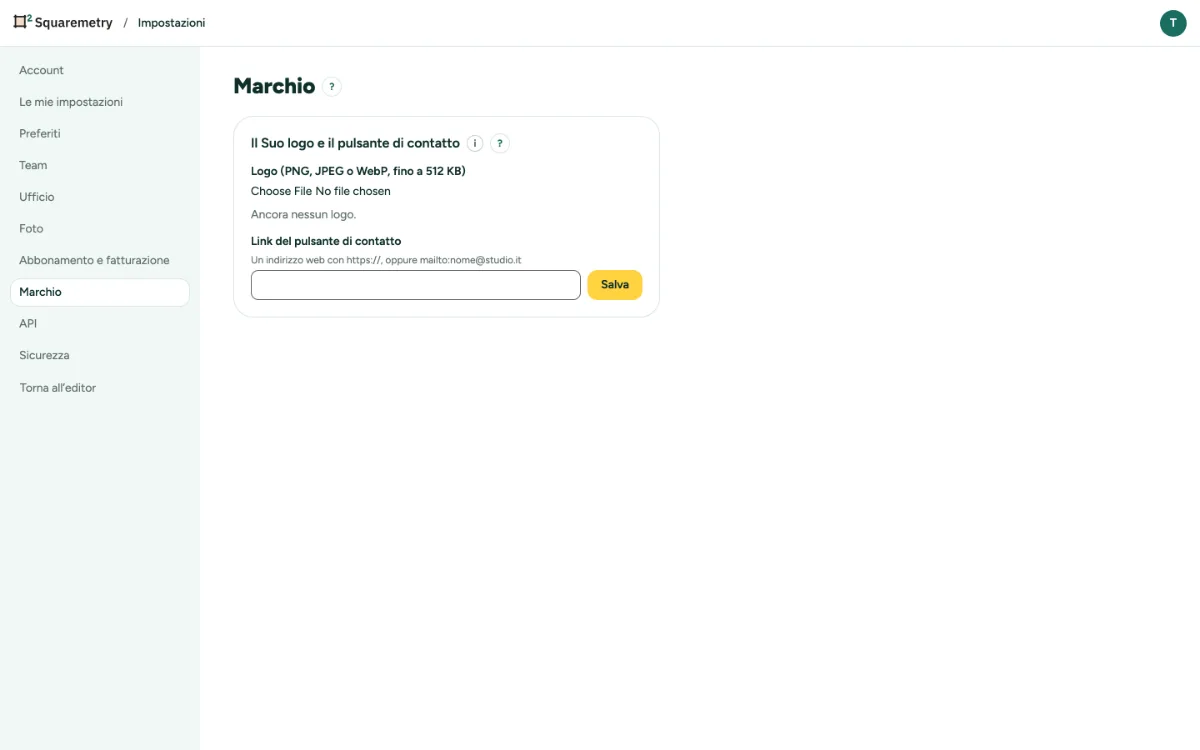 Impostazioni, Marchio, con il Suo logo e il link del pulsante di contatto.
