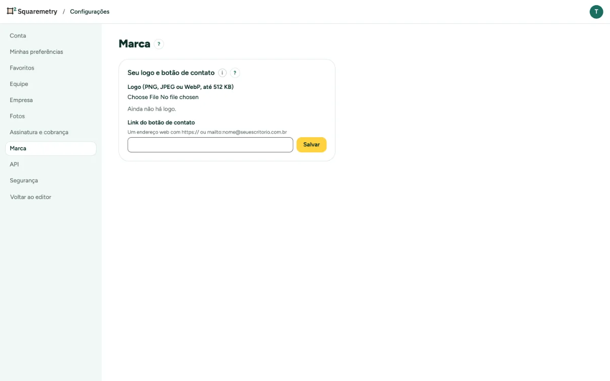 Configurações, Marca, com seu logo e o link do botão de contato.
