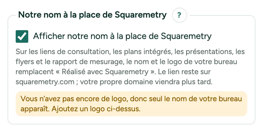 La charte graphique d’une équipe avec Afficher notre nom au lieu de Squaremetry coché.
