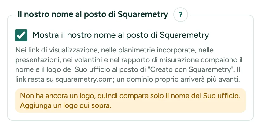 L’identità visiva di un team con Mostra il nostro nome al posto di Squaremetry spuntato.