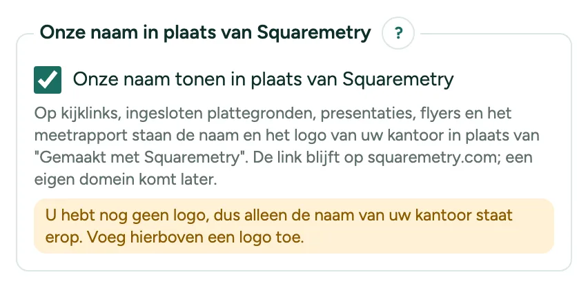 De huisstijl van een team met Onze naam tonen in plaats van Squaremetry aangevinkt.