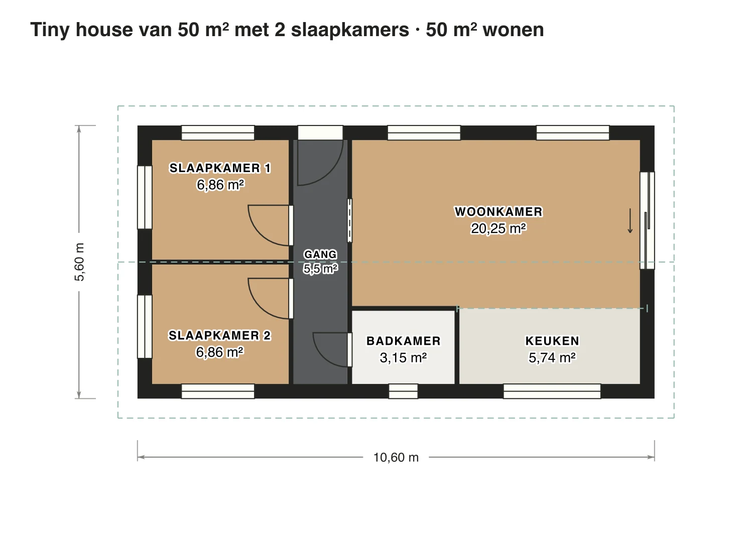 Plattegrond tiny house van 50 m² met 2 slaapkamers: 50 m² gebruiksoppervlakte wonen, 2 slaapkamers, 1 badkamer · één bouwlaag, op schaal getekend met de naam en oppervlakte van elke ruimte.
