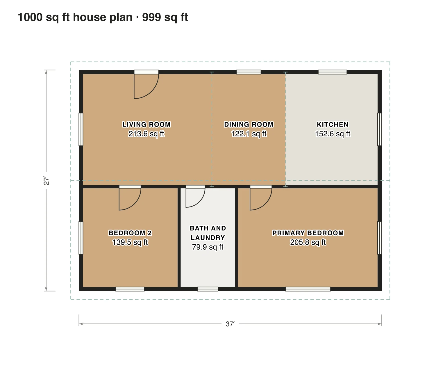 1000 sq ft house plan floor plan: 999 sq ft (93 m²) finished, 2 bed, 1 bath · one floor, drawn to scale with every room labeled.