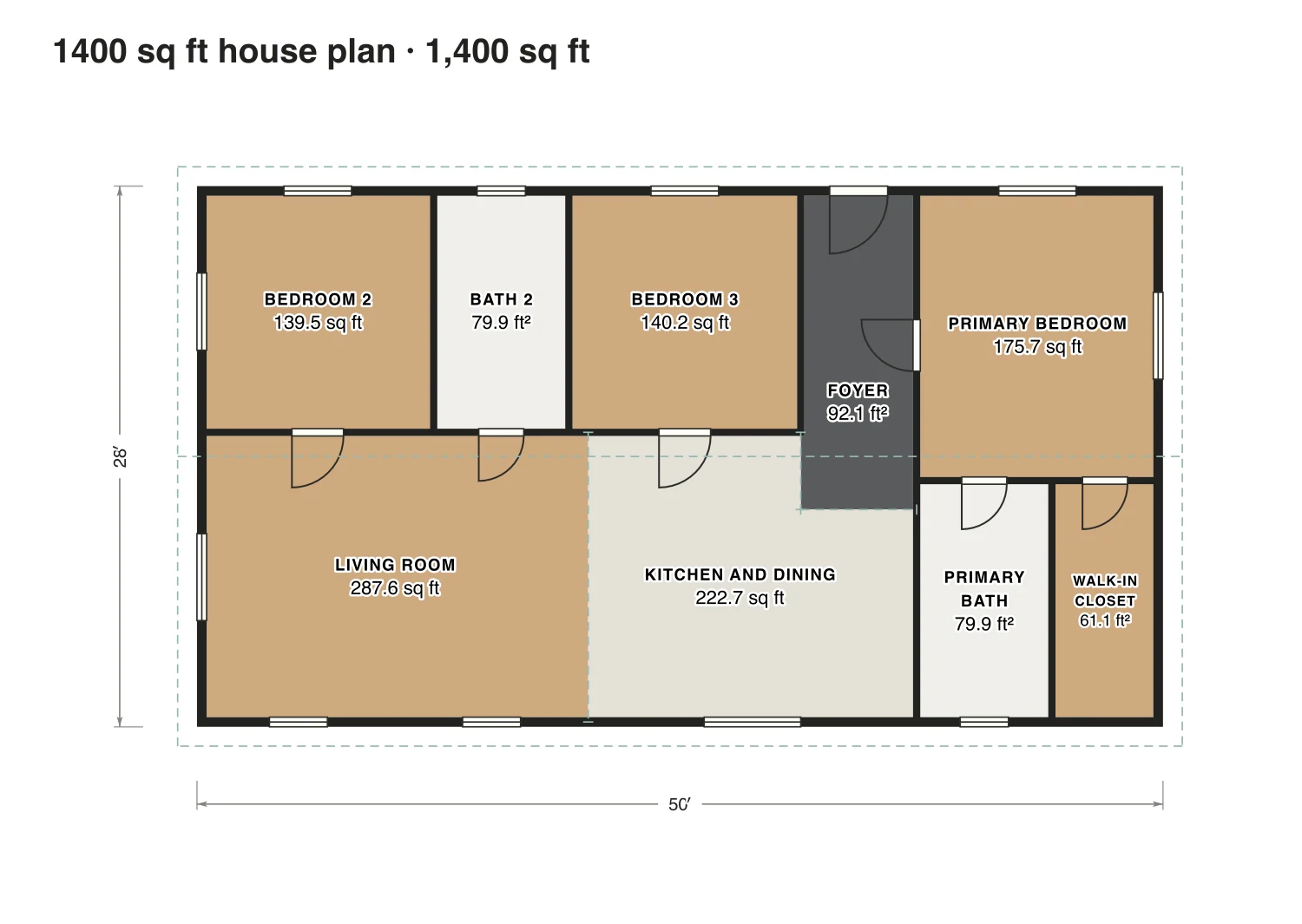 1400 sq ft house plan floor plan: 1,400 sq ft (130 m²) finished, 3 bed, 2 bath · one floor, drawn to scale with every room labeled.