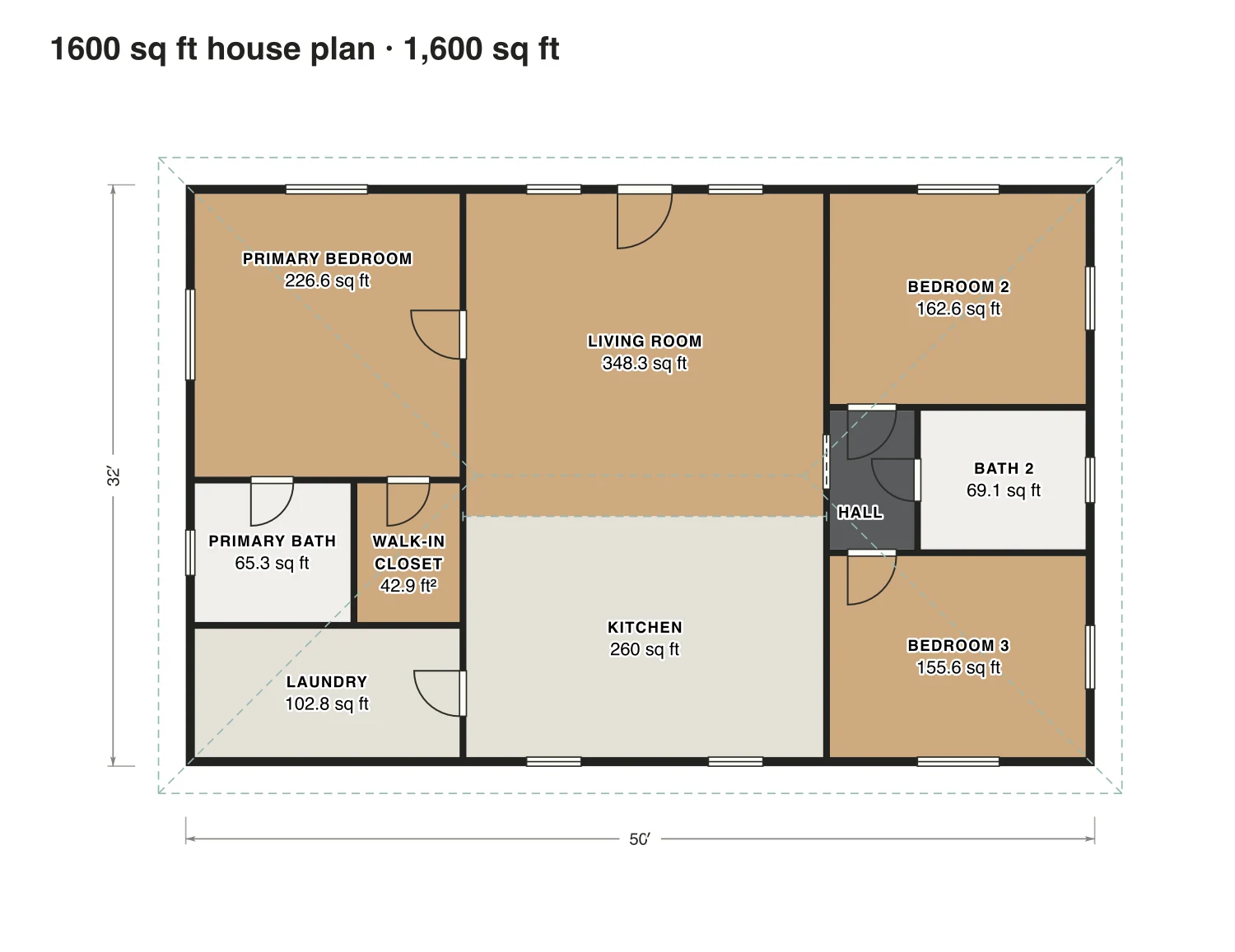 1600 sq ft house plan floor plan: 1,600 sq ft (149 m²) finished, 3 bed, 2 bath · one floor, drawn to scale with every room labeled.