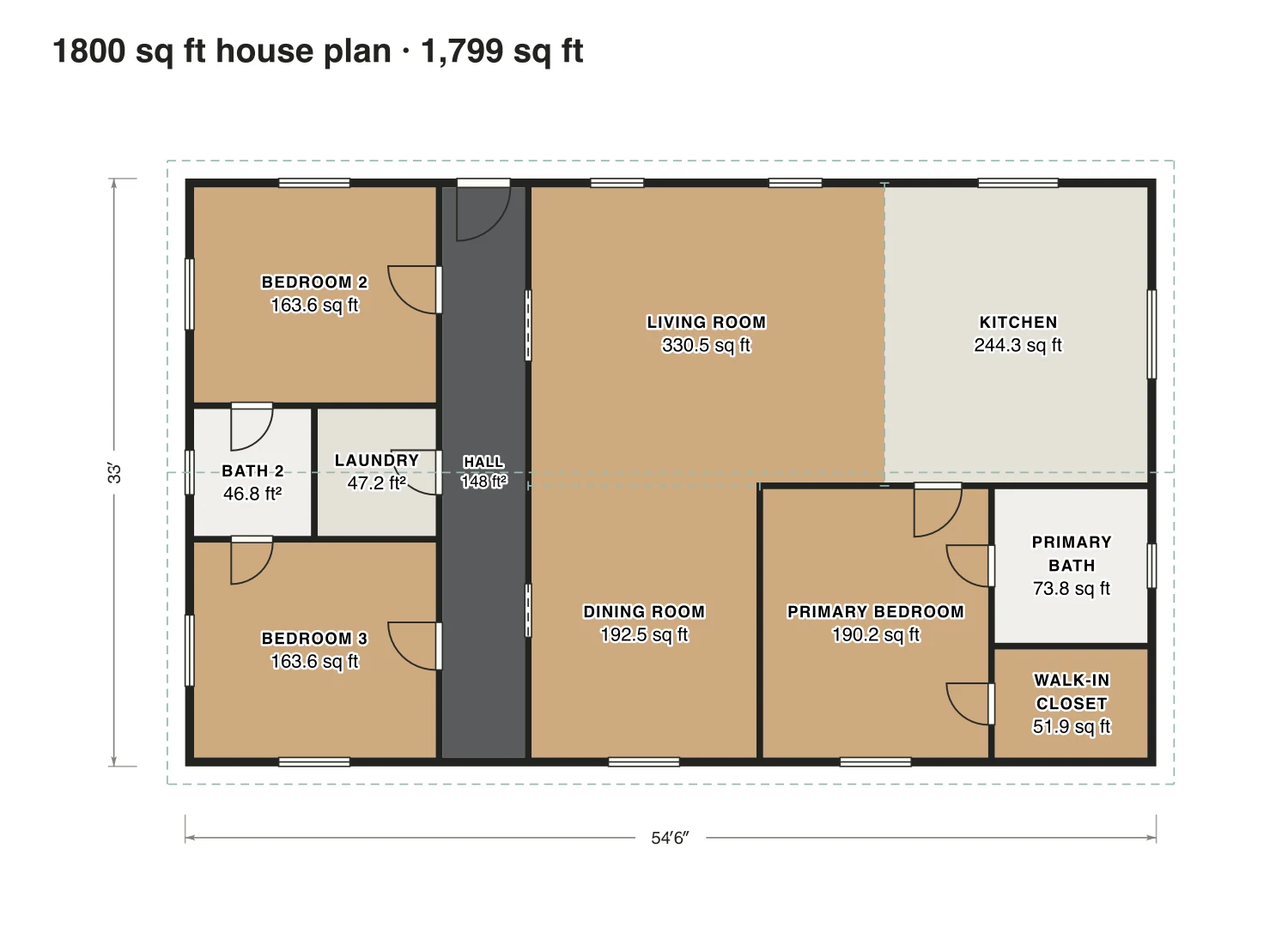 1800 sq ft house plan floor plan: 1,799 sq ft (167 m²) finished, 3 bed, 2 bath · one floor, drawn to scale with every room labeled.