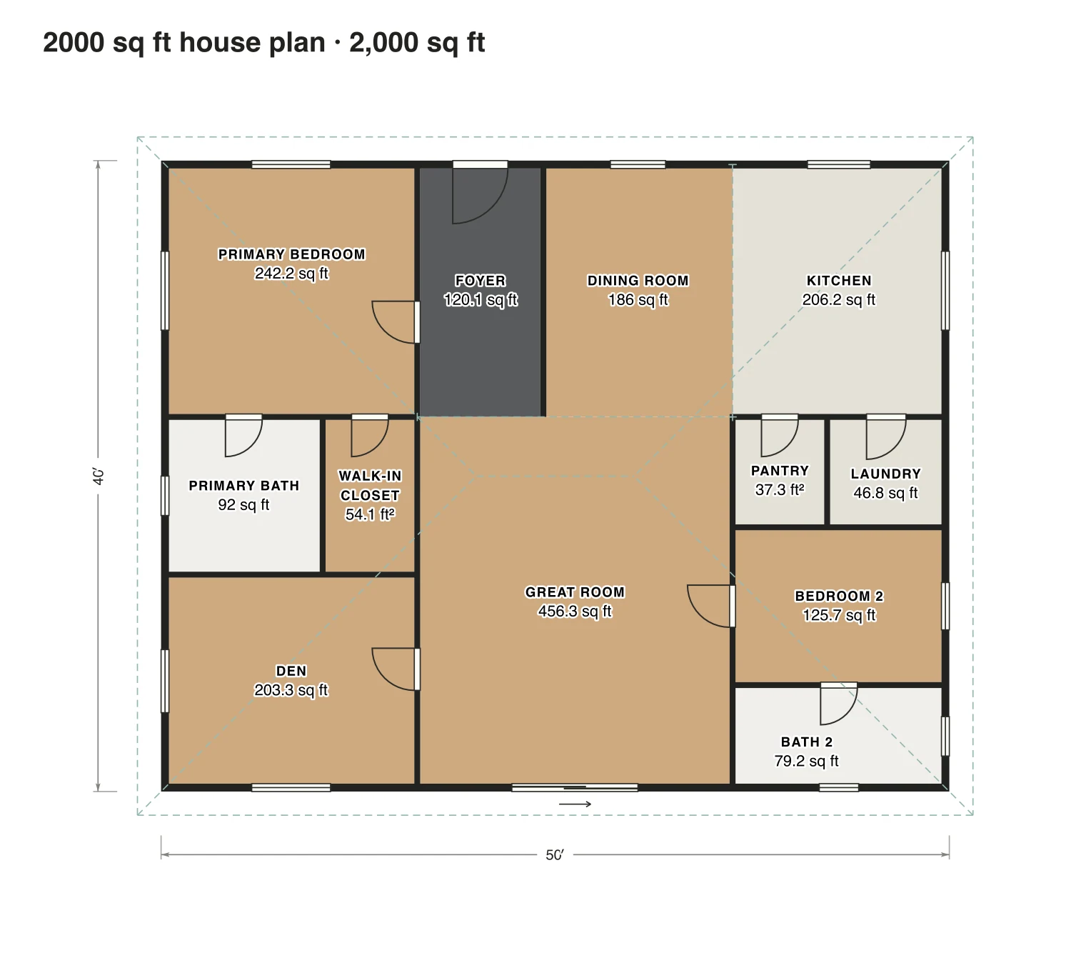 2000 sq ft house plan floor plan: 2,000 sq ft (186 m²) finished, 2 bed, 2 bath · one floor, drawn to scale with every room labeled.