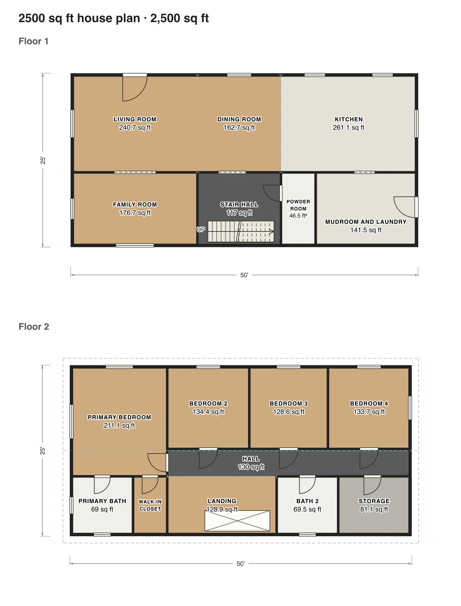 2500 sq ft house plan floor plan: 2,500 sq ft (232 m²) finished, 4 bed, 2.5 bath · 2 floors, drawn to scale with every room labeled.