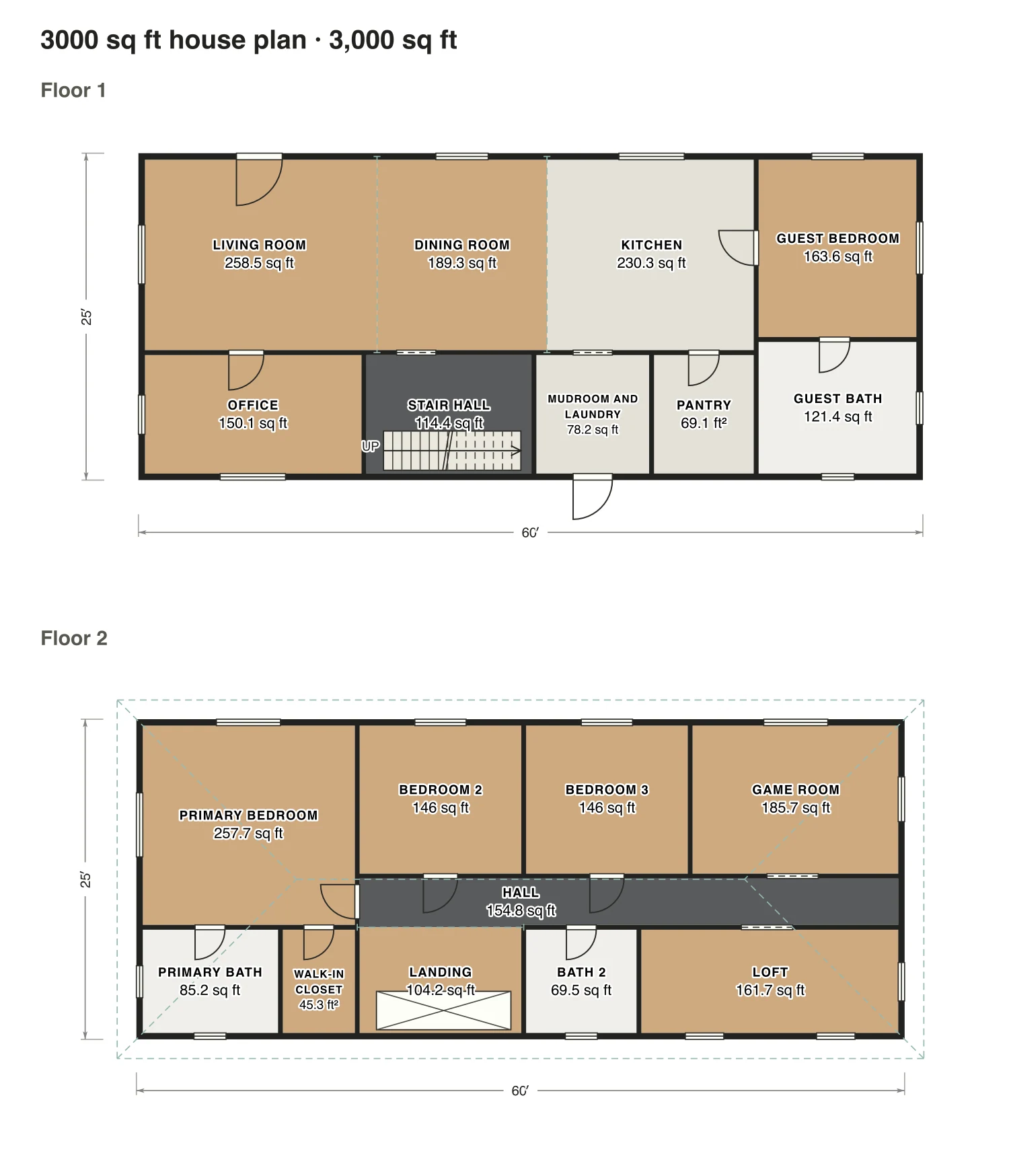 3000 sq ft house plan floor plan: 3,000 sq ft (279 m²) finished, 4 bed, 3 bath · 2 floors, drawn to scale with every room labeled.