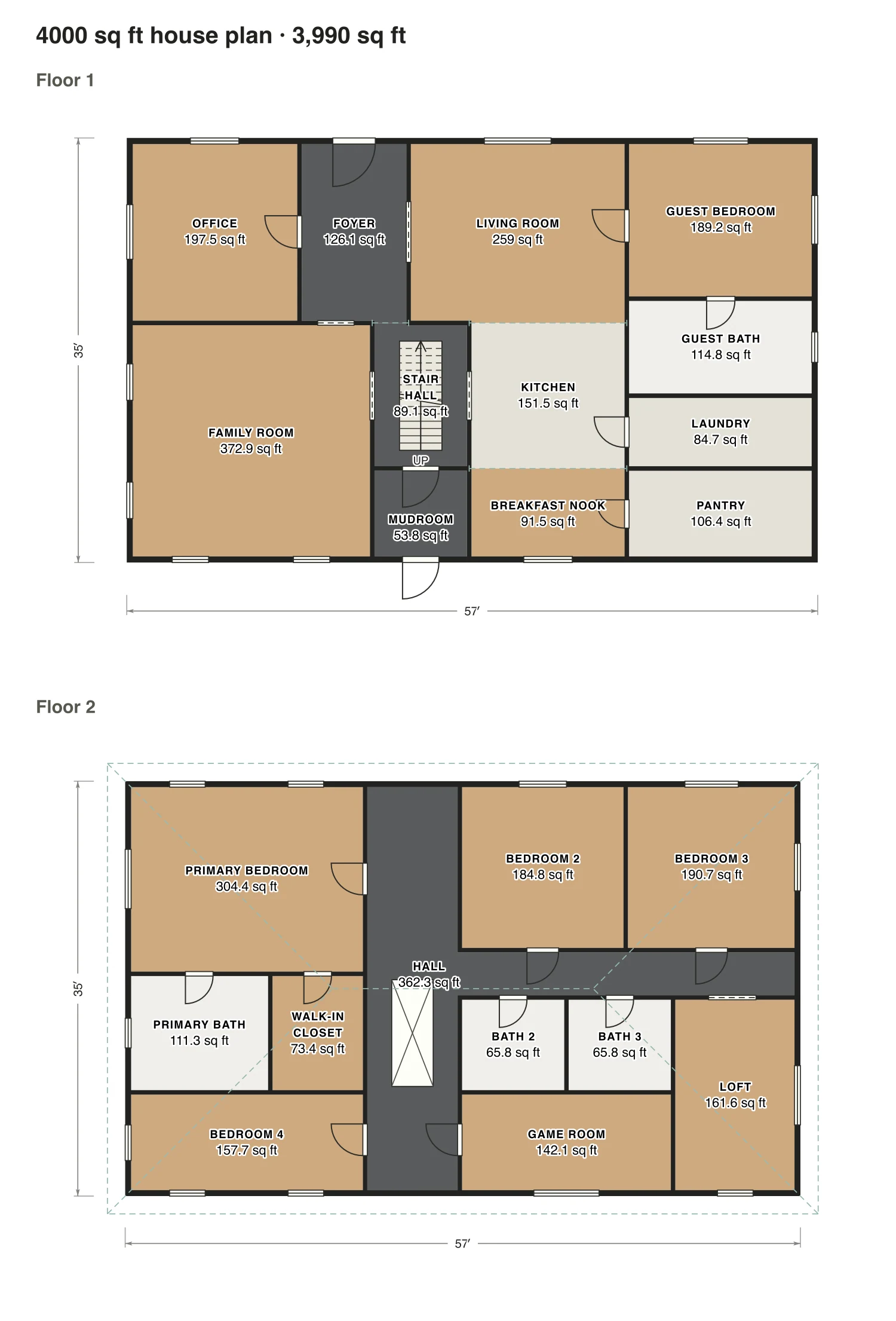 4000 sq ft house plan floor plan: 3,990 sq ft (371 m²) finished, 5 bed, 4 bath · 2 floors, drawn to scale with every room labeled.