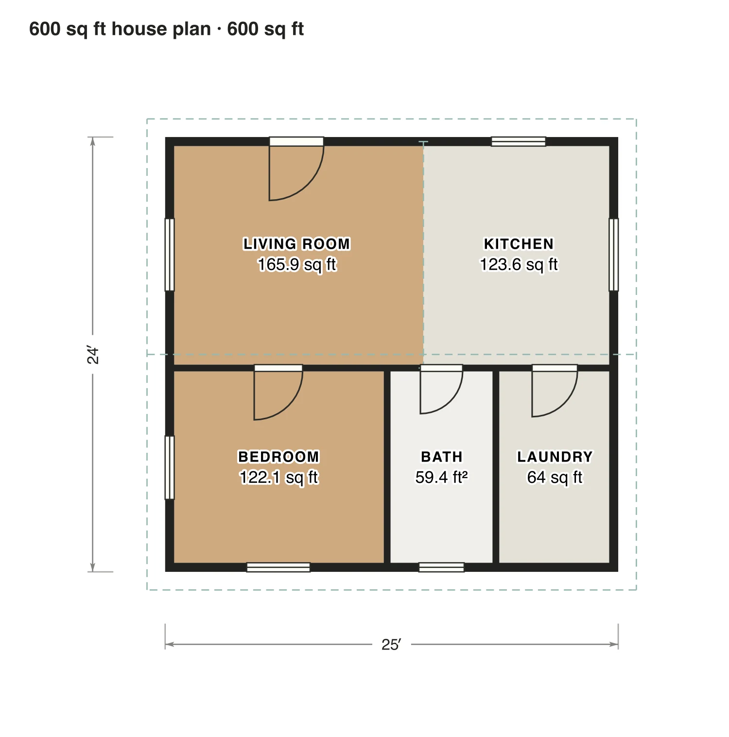 600 sq ft house plan floor plan: 600 sq ft (56 m²) finished, 1 bed, 1 bath · one floor, drawn to scale with every room labeled.