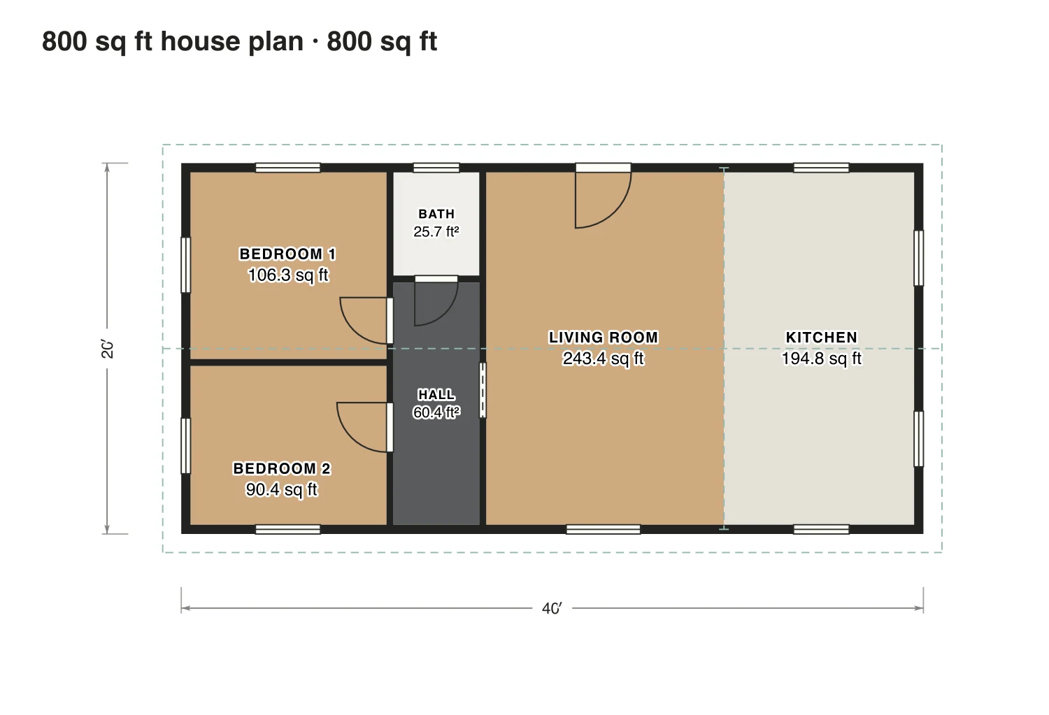 800 sq ft house plan floor plan: 800 sq ft (74 m²) finished, 2 bed, 1 bath · one floor, drawn to scale with every room labeled.