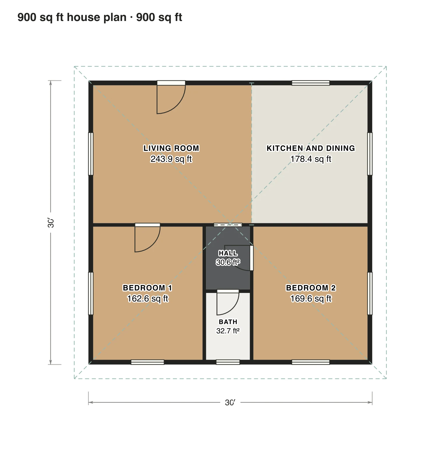 900 sq ft house plan floor plan: 900 sq ft (84 m²) finished, 2 bed, 1 bath · one floor, drawn to scale with every room labeled.